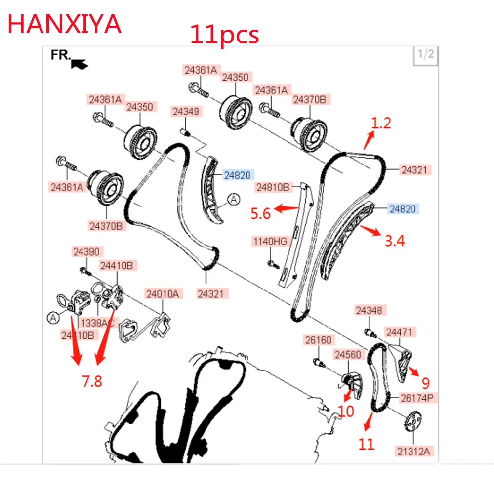 Комплект цепей синхронизации, 11 шт., для Hyundai Kia Sorento Borrego mohas 2009 G6DA 3,8 V6 243123C100 244103C300