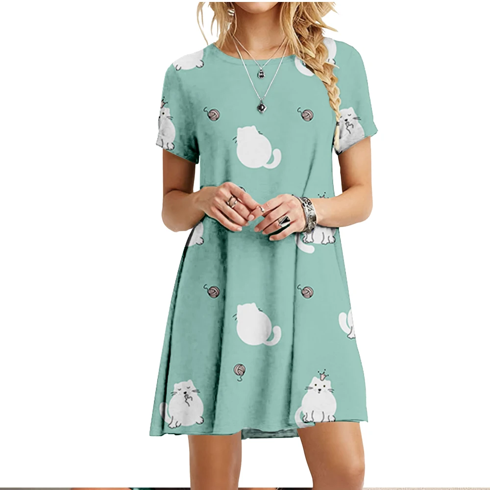 

New Cross Border Women's Cat Print Loose Casual Dress