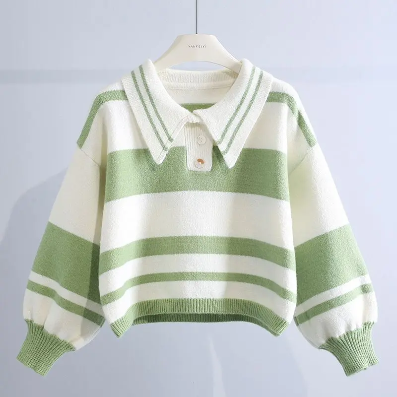 

Stripe Knitted Sweater Autumn Winter Baggy Long Sleeves Tops Fashion All-Match Trend Streetwear Vintage Female Clothes Q36