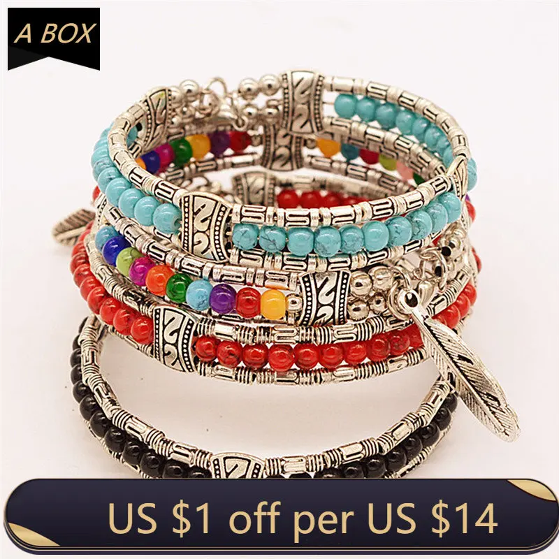 

Trendy Vintage Tibetan Feather Colorful Beads Charms Bracelet Gypsy Bohemian Style Bangle Jewelry For Women Gift