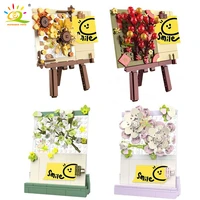 huiqibao moc flower desktop note paper holder model building blocks sets kids toys for children orchid sunflower brick ornament