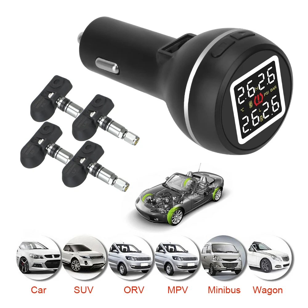 

TPMS Cigarette Lighter Type Car Tire Pressure Monitoring System Save Fuel High Temperature Alarm with 4 Internal Sensors