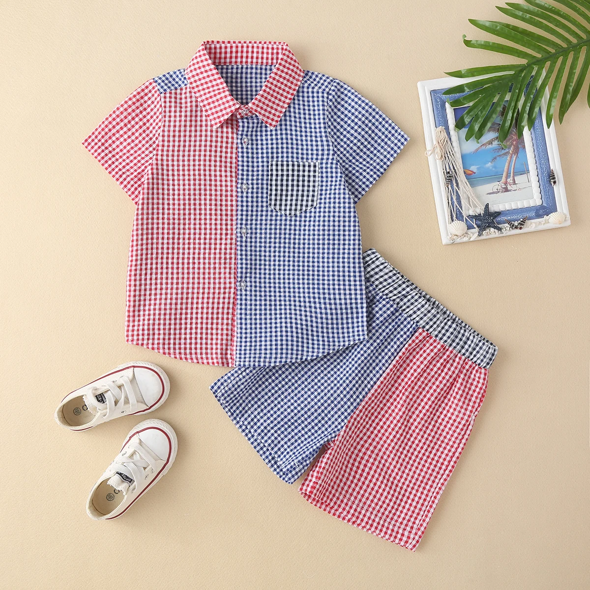 

Boys Summer Suit Little Boys Check Colorblock Short Sleeve Shirt and Shorts Two Piece Clothes