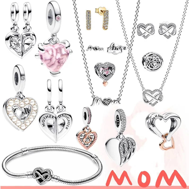 

2023 Mother's Day 925 Sterling Silver Jewelry Pearl White Heart Angel Mother Charm Is Suitable For PANDORA Bracelet Necklace
