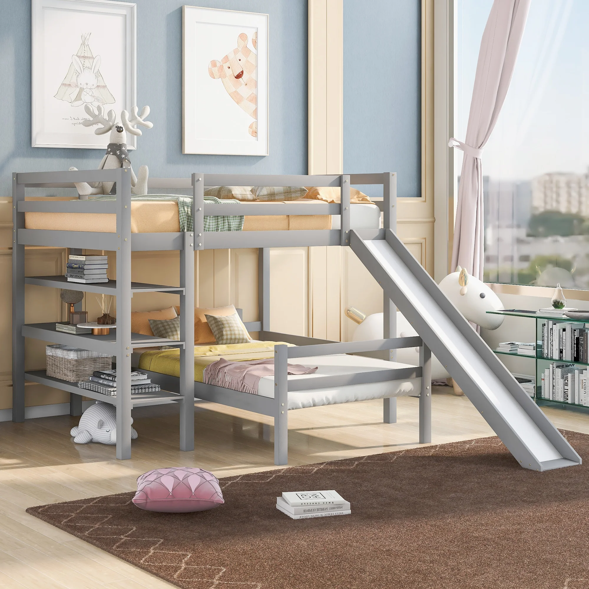 

Home Modern Minimalist Wooden Bedroom Furniture Beds Frame Bases Full Size Loft Bed Shelves Over Twin Separate Platform Bed Gray