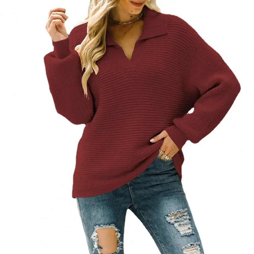

Pullover Women Sweater Autumn Winter V-Neck Long Sleeves Ribbed CuffsSolid Color Loose Knitted Sweater Jumper Female Clothing