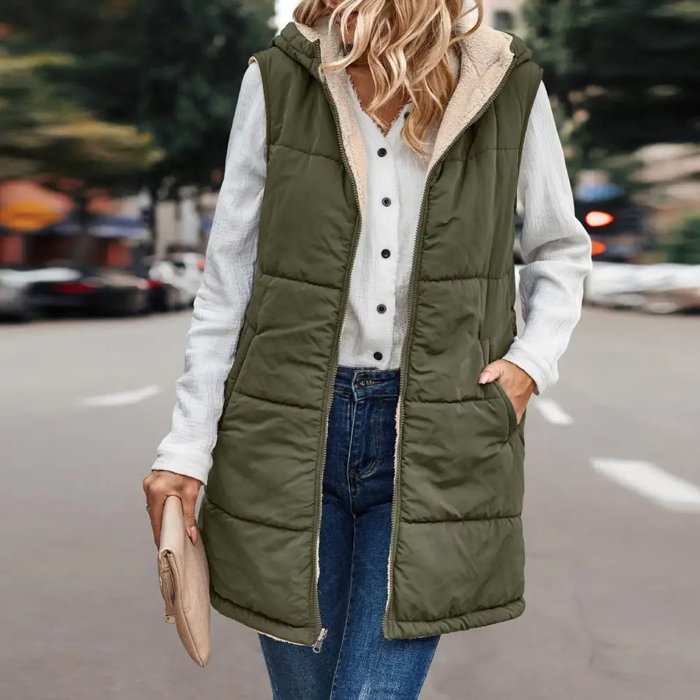 

Fall Winter Women Reversible Vest Coat Hooded Sleeveless Fleece Lining Jacket Mid-length Long Warm Waistcoat Outerwear