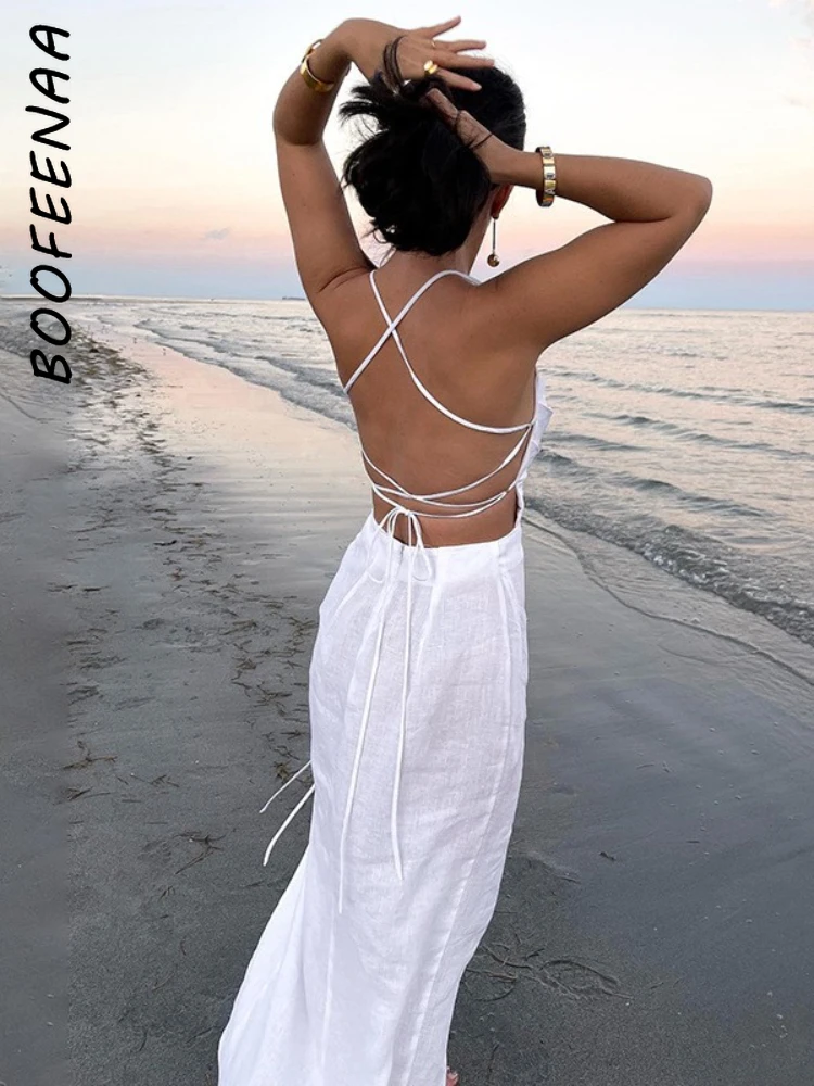

BOOFEENAA Sexy Beach Vacation Summer Dress Women 2022 White Black Drawstring Irregular Backless Halter Slit Long Dress C68-CH22