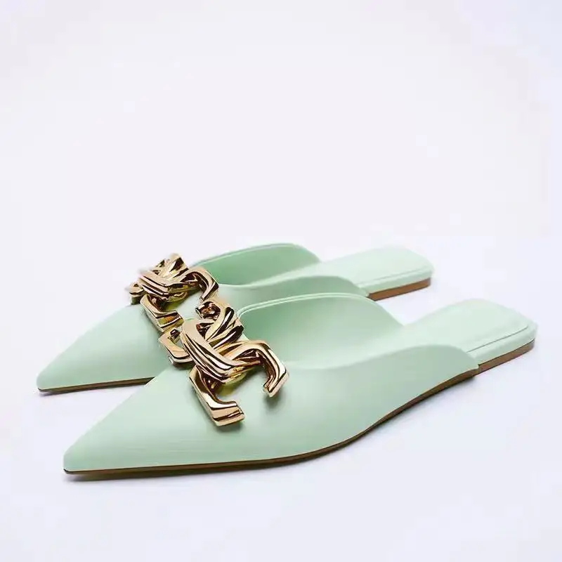 

ZRACK 2022 Summer New Fashion Half Slippers Women's Pointed Toe Metal Flat Bottom Sandals Slippers Lazy Flat Heel Mules Shoes