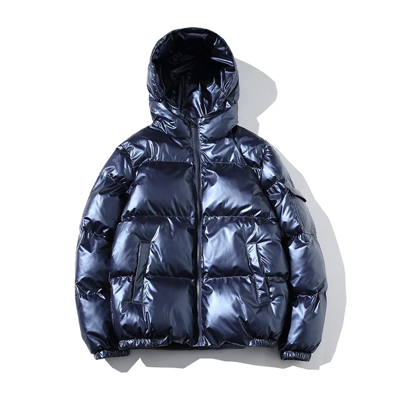 Bright Mens Hooded Coat Thick Large Size Short Cotton Puffy Coat Slim Shiny Blue Winter Parka Streetwear Quilted Jacket 5xl 4xl