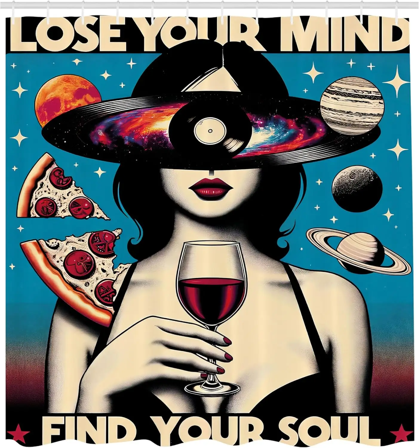 Фото Винтажная занавеска для душа, ретроспективная тема Galaxy Lose Your Mind Lettering Woman Vine Mars, тканевая ткань для ванной комнаты De №3