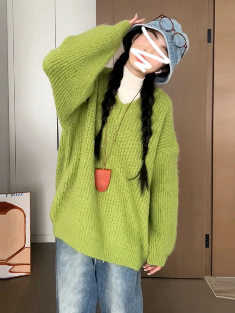2024 новая корейская серия зеленый свободный вязаный свитер с v-образным вырезом