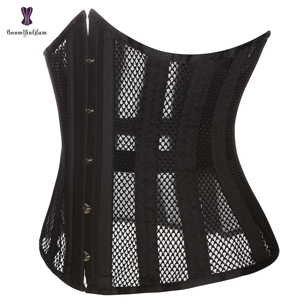 Transparent Hollow Net Underbust Corset Waist Cincher Bustier Black White Outwear Steel Boned Lingerie