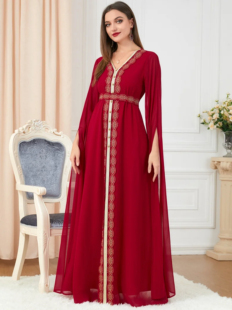 Abaya Dubai Muslim Dress Luxury High Class Long Sleeves Lace Tape Chiffon Evening Dresses Moroccan Caftan Royal Women