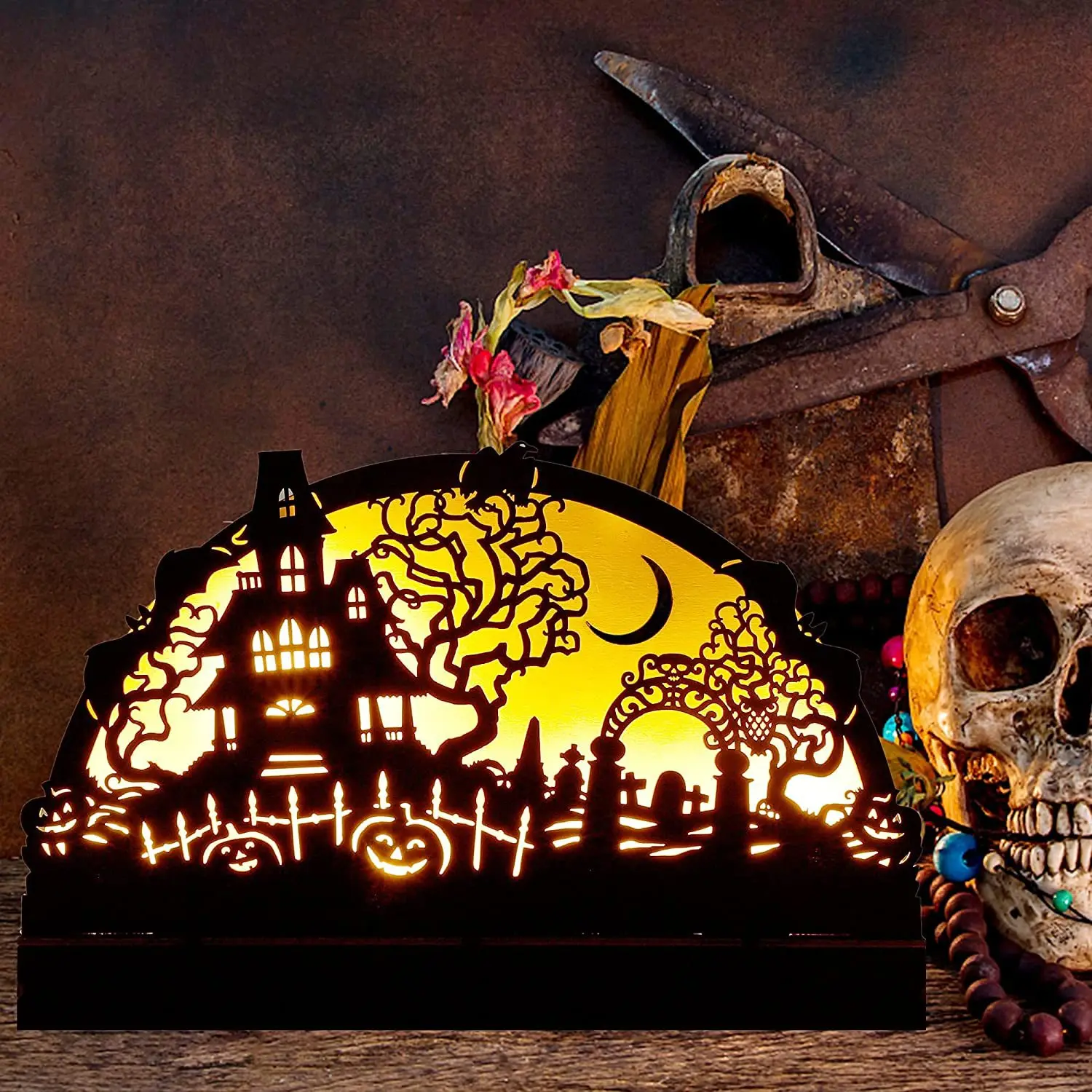 

Halloween Creative Ornaments Home Desktop Decoration Children Gifts Holiday Wooden Crafts Luminous Haunted House Small Ornaments