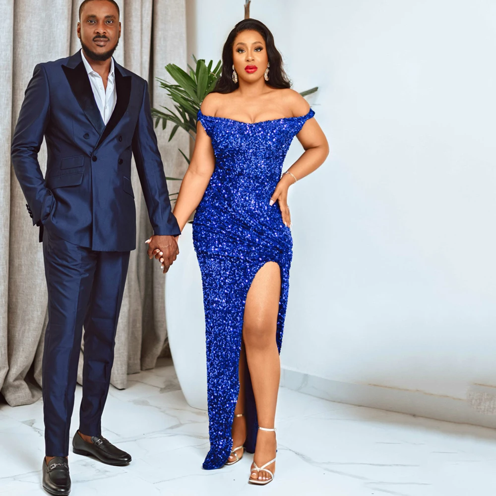 

Royal Blue Mermaid Prom Dress Off The Shoulder V Neck High Slit Floor Length Glitter Sequin Mermaid Evening Party Dresses Gown