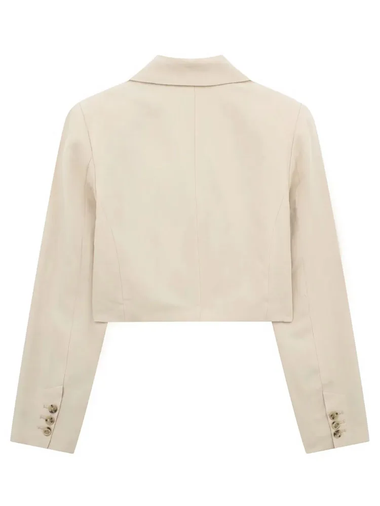 PAILETE Women 2023 fashion linen cropped blazer coat vintage long sleeve front double breasted female outerwear chic tops