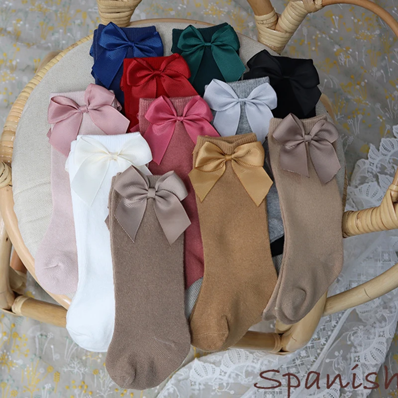 

0-5 Yrs Children's Knee Socks Spanish Medium Stockings Autumn Spring and Autumn New Big Bow Baby Socks Pure Plain High Stockings