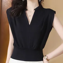 보보케이터 크롭탑 여성 의류, 2023 칼라, V넥, 화이트 티셔츠, 민소매 캐주얼 티셔츠