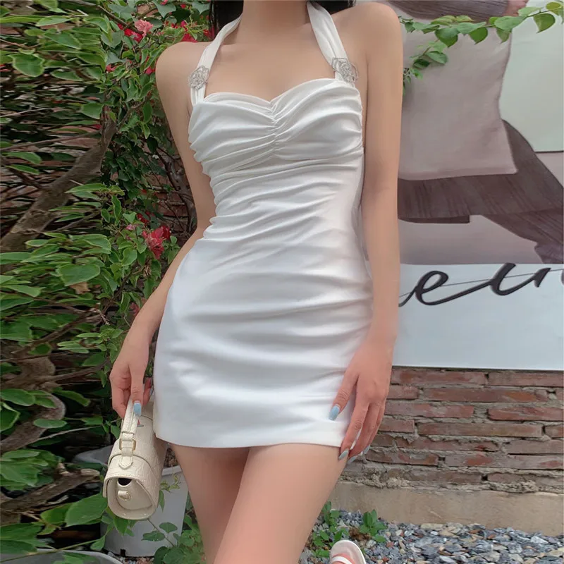 

Elegant Lady Sexy white Satin Evening Party Dress New Summer Fashion Halter Backless Dress Sleeveless Slim Bodycon Pencil Dress