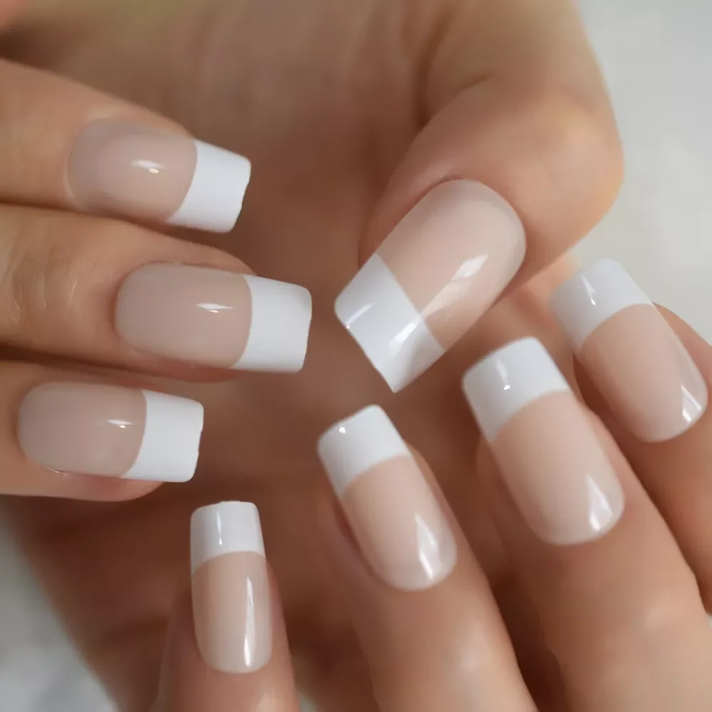 

French Natural Nude False Nails Manicure Square Press on Fake Nails Tips Daily Office Finger Wear with Jelly Sticker Tabs