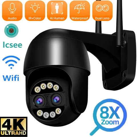 ANBIUX  камера видеонаблюдения wifi IP-камера , 8 Мп, PTZ, 8-кратный зум, двойной объектив, датчик присутствия, камера видеонаблюдения, 4 МП, умный дом, уличная Wi-Fi камера видеонаблюдения, ICSEE