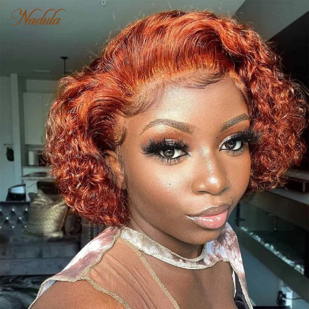 Nadula Hair Pixie Cut Wig 100% Human Hair Short Curly Bob Wigs for Women Wavy 13x1 Lace Afro Wigs 6 Inchs #350 Orange Color