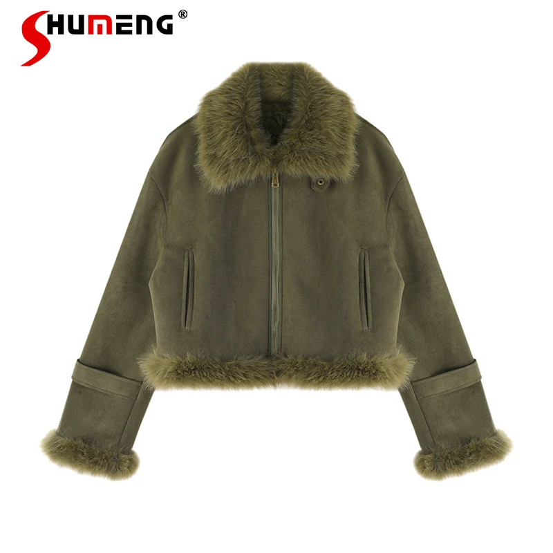 

Пальто из искусственного меха, замшевая короткая мотоциклетная одежда, Женская приталенная Корейская Повседневная куртка с длинным рукавом, зимнее пальто, женская куртка