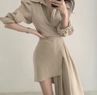 2022 elegant spring autumn asymmetrical dress korean style women fashion office lady solid single breasted party clothing