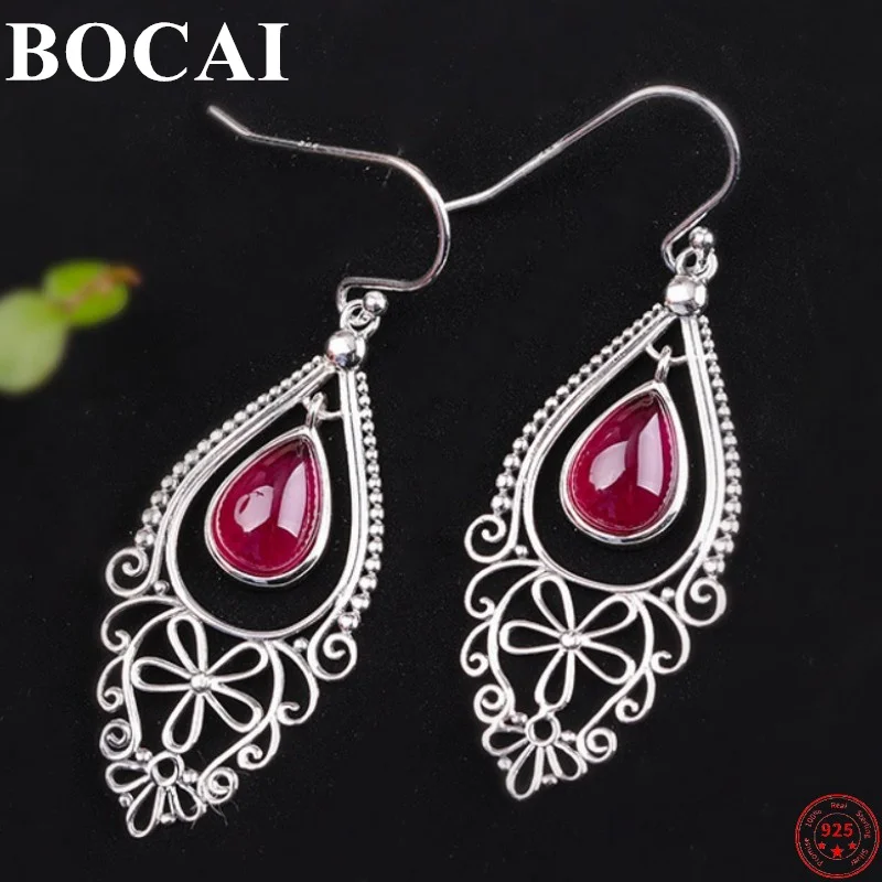 

BOCAI S925 Sterling Silver Earrings for Women New Fashion Water-Drop Red Corundum Garnet Ear Drop Jewelry Free Shipping