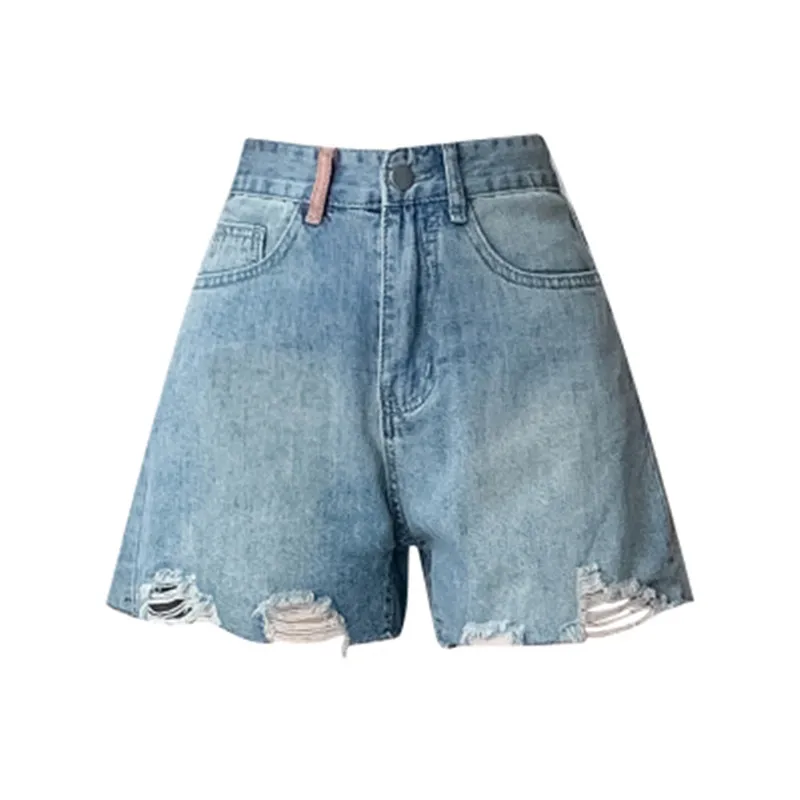 BULOCHOVA New Fashion Summer Blue High Waist Loose Hole Denim Shorts Women Wide Leg Hot Short Pants Jeans Female Large Size 2023