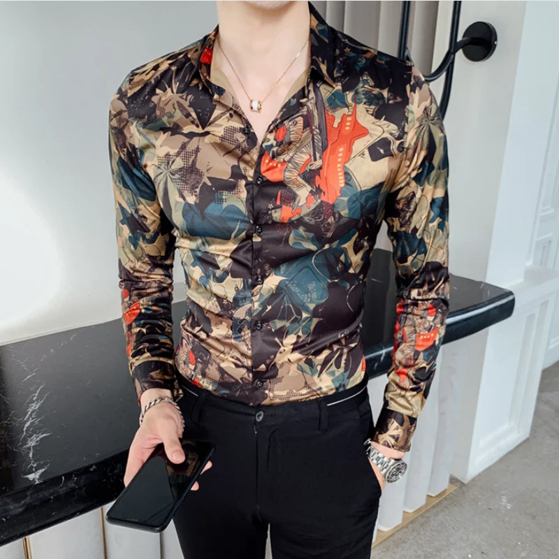 

2022 Spring Fashion Boutique Print Casual Slim Fit Mens Long-sleeved Shirt / High-end Social Brand Social Men Club Prom Shirt
