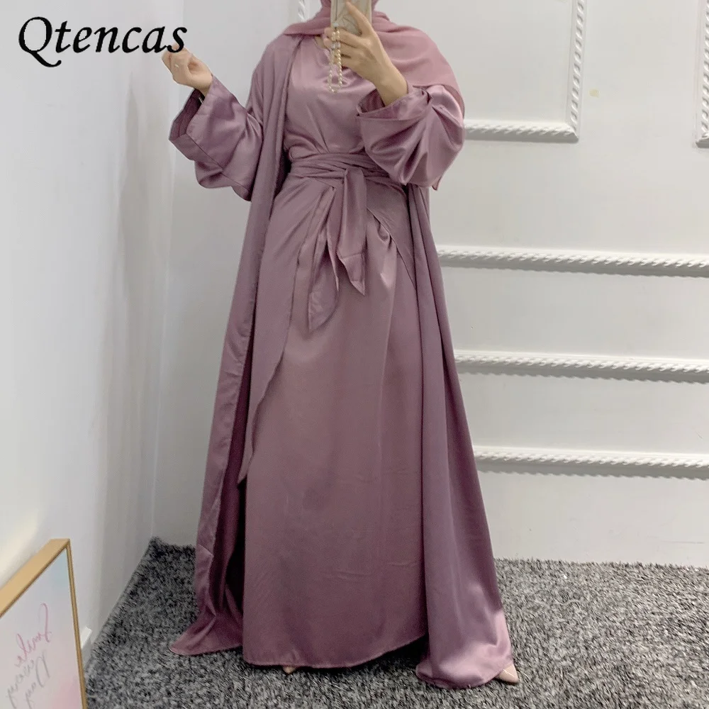 Комплект Абайи из искусственного шелка для женщин, однотонный комплект из 3 предметов, длинное платье-кимоно с запахом и юбка в мусульманско...