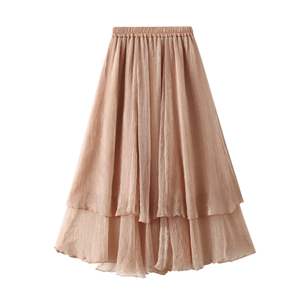 

Korean Summer Midi Skirt Ruffle Cake Skirts Women Elastic High Waist A-Line Flare Maxi Boho Long Skirt Pink
