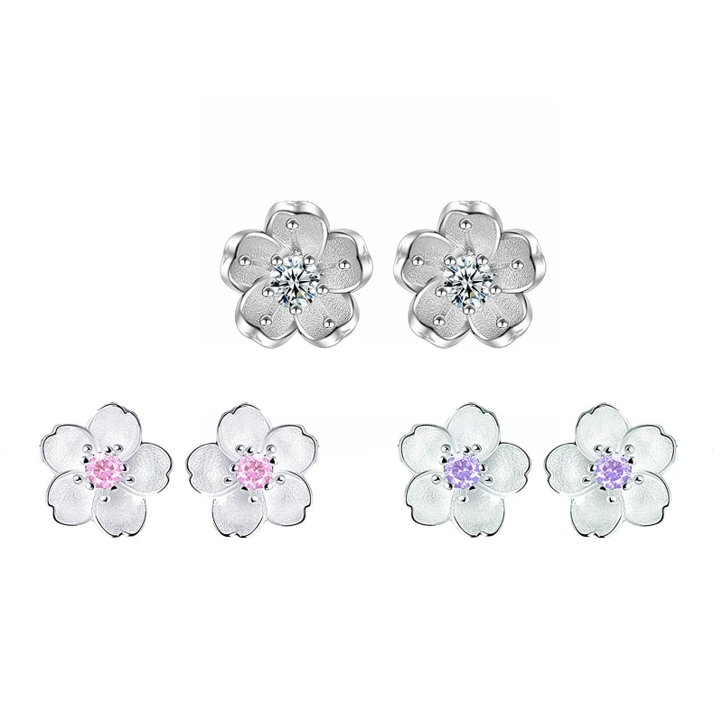 

U2JF Cherry Blossom Stud Earrings Floral Design Diamond Zircon Elegant Earrings Lightweight Jewelry for Women Teen Girls