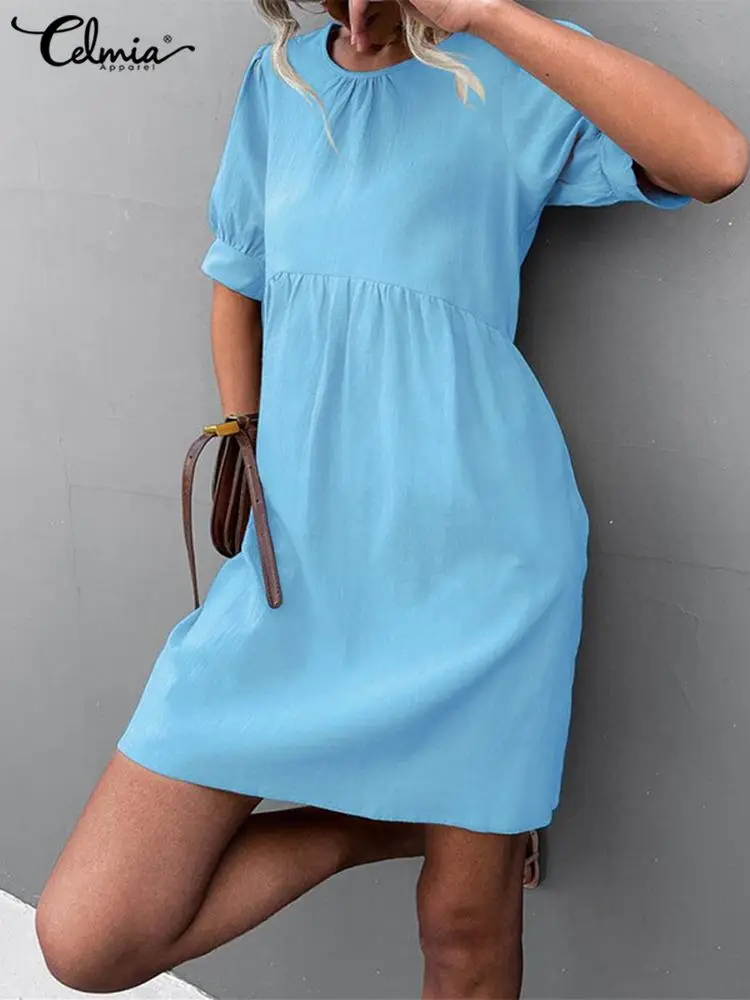 

Celmia Casual Elegant Short Vestidos 2022 Summer Women Short Sleeve Breathable Cotton Sundress O-neck Gathers Holiday Mini Dress