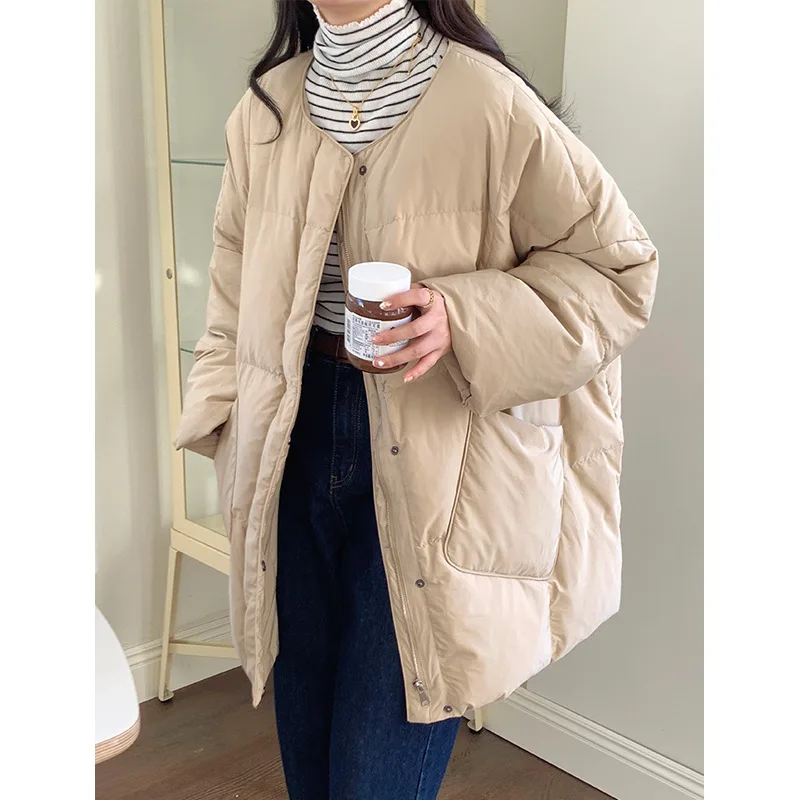 Autumn and Winter New Down Jacket Women's Medium-length Jacket with Scarf Loose Thickened Bao'nua White Duck Down Jacket Tide
