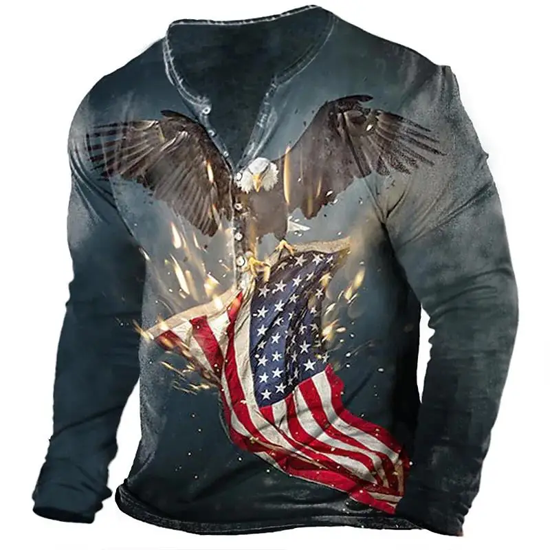 

Spring Summer US Flag 3D Print Men's T-shirts Vintage Button-Down V-Neck Imitataion Cotton Long Sleeve Oversized T Shirt EU Size