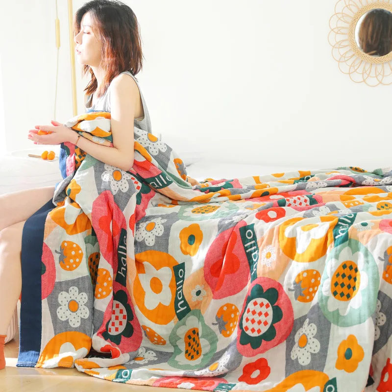 

Nordic flowers throw blanket cotton gauze towel quilt breathable single double sofa blanket cover luxury summer cool quilt soft