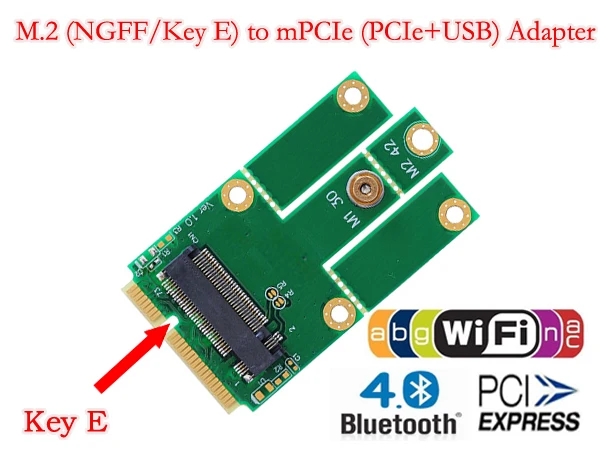 Адаптер M.2 (NGFF) на mPCIe (PCIe + USB), PCIe и USB2.0 для беспроводной карты Wi-Fi Bluetooth, поддержка M.2 Key A/A-E, тип ключа E