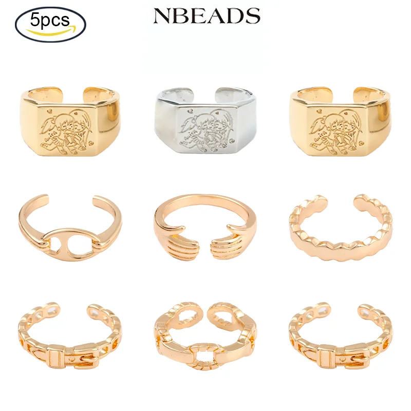 

5PC Brass Open Rings Long-Lasting Plated Real 18K Gold Plated Girls Mixed Color