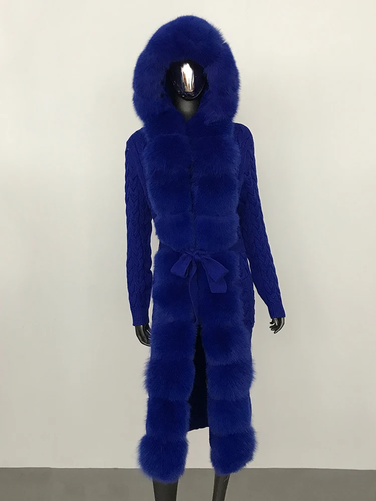 Кардиган женский вязаный со съемным натуральным лисьим мехом на шнуровке