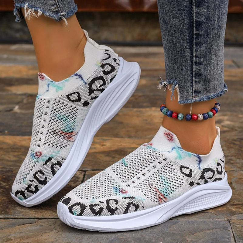 

Mix Color Knit Leopard Sneakers Women Breathable Mesh Non-Slip Flats Shoes Woman Plus Size Causal Platform Ladies Walking Shoes