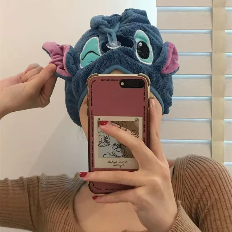 Фото Kawaii Stitch модное коралловое бархатное женское полотенце для сухих волос с милым рисунком Диснея шапочка для душа с сухой оберткой шапочка для душа инструмент подарки для девочек №1