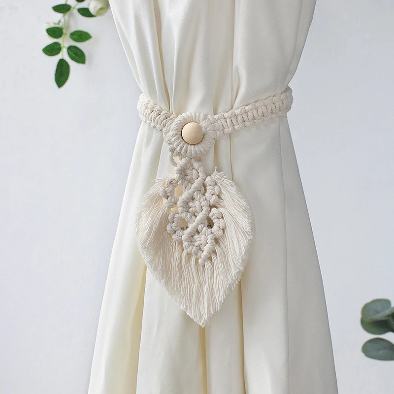 

INS Simple Tassel Bohemian Dtyle Woven Curtain Strap Tied Rope Leaf Shape Wooden Bead Decoration Curtain Tied Rope Decoration