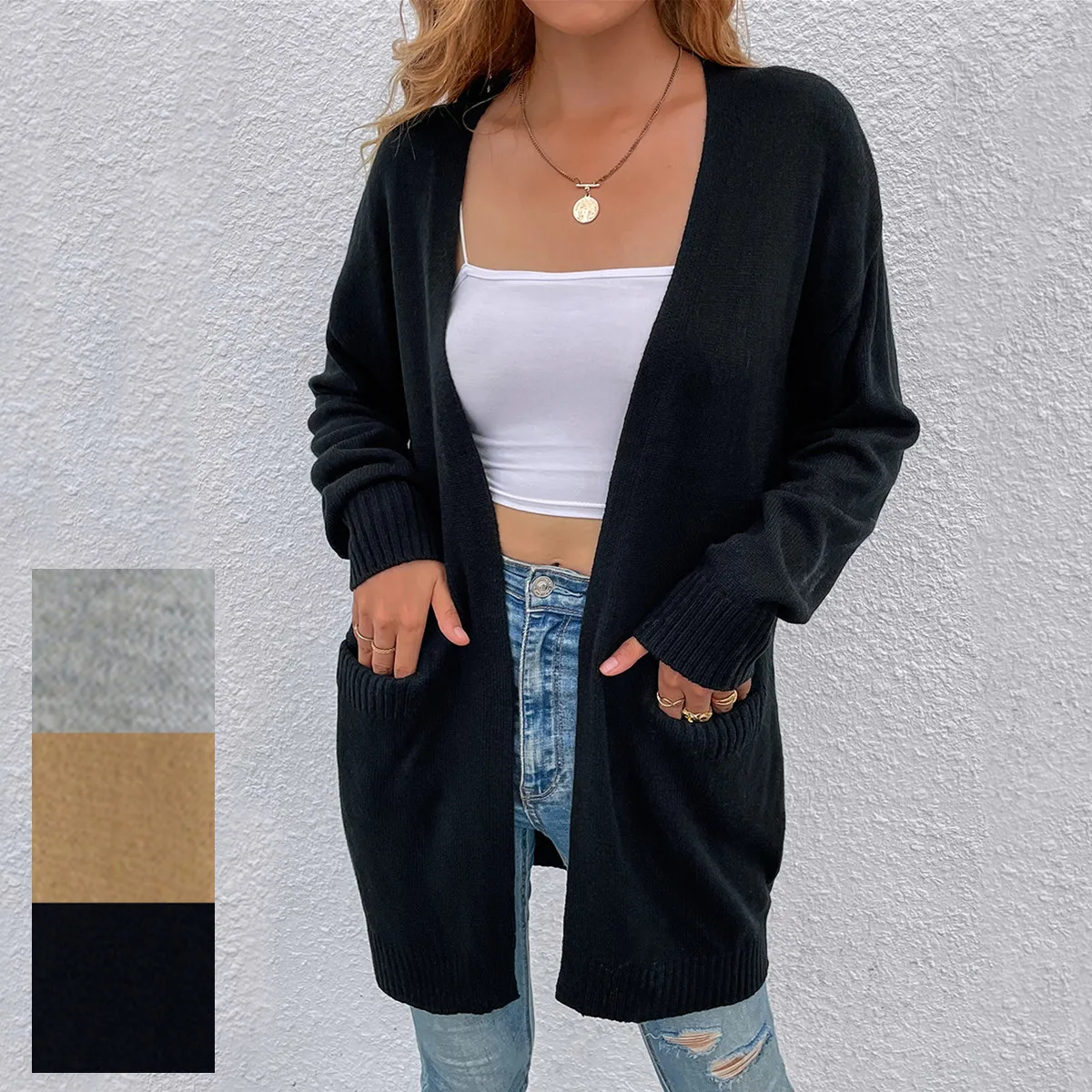 

Осень-зима 2022, новый простой кардиган средней длины с карманами, женский свитер, пальто