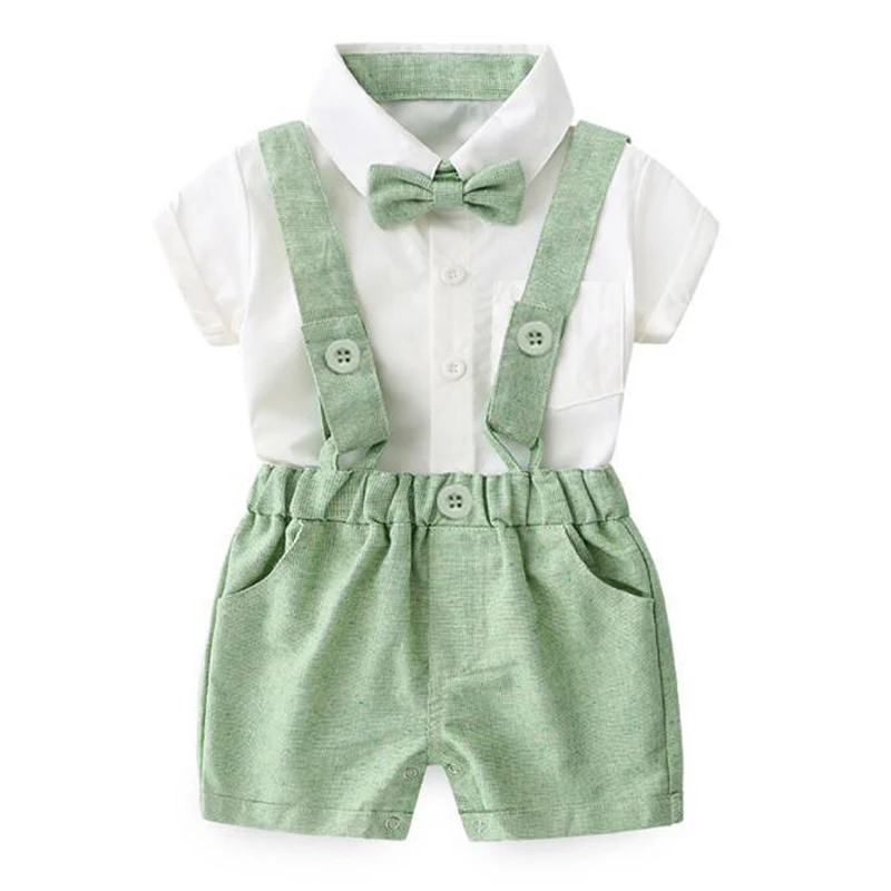 

Toddler Boys Gentleman 3 PCS Birthday Boutique Set Solid T-shirt Overalls Bow Infant Formal Summer Cotton Clothes Baby Costume