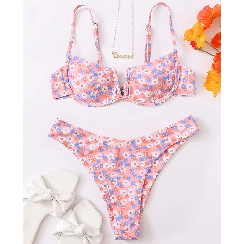 

Sexy Swimsuit 2021 Foral Printed Underwire Bikini Female Two Piece Swimwear Beachsuit Push Up Beachwear for Bathing Suit Swim