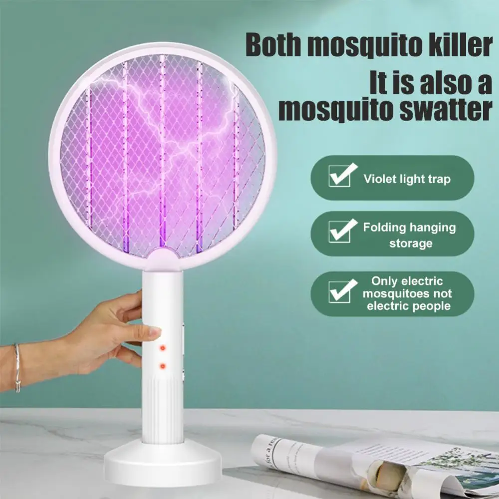 

Electric Mosquito Swatter 1800mah Usb Rechargeable Handheld Safety Design With Base Holder Indoor Outdoor Garden Supplies 2 In 1