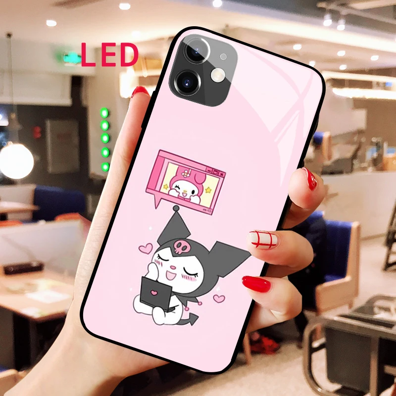 

Kuromi Luminous Tempered Glass phone case For Apple iphone 13 14 Pro Max Puls mini Kawaii Luxury Fashion LED RGB Backlight cover